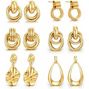 6 Pairs Trendy Gold Plated Knot Earrings for Women Chunky Statement Drop Dangle